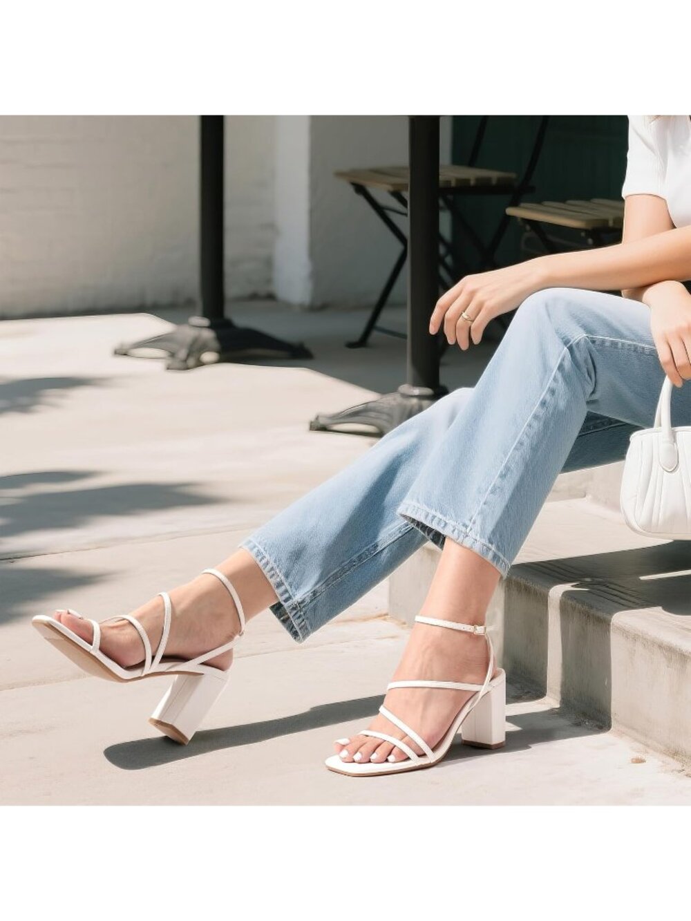 DREAM PAIRS Women's White High Heels Chunky Block Strappy Square Open Toe Ankle - Picture 3 of 6